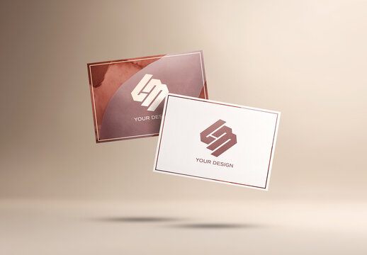 Two Floating Business Cards On Grey Background Mockup