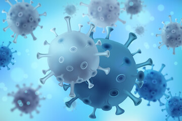 Blue and white spherical virus particles floating on light blue 3D cartoon background