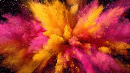 Colorful explosion of powder paints creating vibrant patterns in the air during a festival celebration at sunset