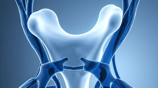 Close up of a human bone joint with blue glowing effect.