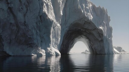A massive glacier ice arch rising from the sea, its pale blue ice mirrored in the calm water. Concept Glacier Arch, Arctic Seascape, Pale Blue Ice, Reflective Water, Majestic Ice Landscape