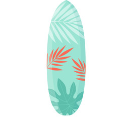 Aqua Surfboard With Coral Pink And Teal Tropical Leaves Pattern Isolated On White Background With Transparent Background