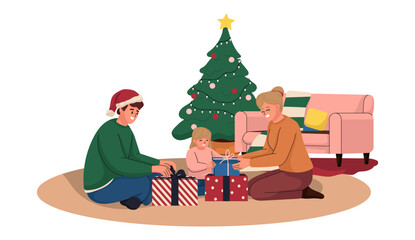 Happy Family open Gift in Christmas