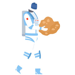 Astronaut In White Blue Suit Holding A Rocky Object In Hand With Transparent Background And White Blue Suit With Detailed Elements In A Side Profile View