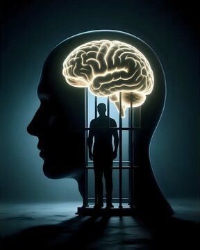 Conceptual Image of a Man Trappedbin a Psychological Prison of His Own Mind with Glowing Brain