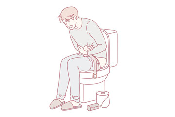 Having problems with stomach and diarrhea concept. Young man sitting on toilet touching belly feeling pain and having diarrhea vector illustration