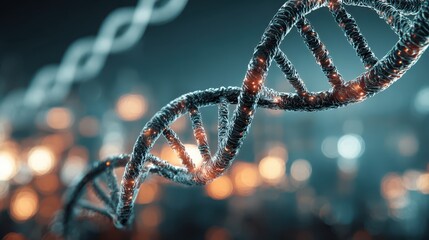 3D representation of DNA strand with glowing elements in a scientific background during nighttime hours
