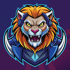 Illustrated lion mascot wearing headphones, symbolizing gaming culture, Illustrated Gaming Lion, An illustration of the gaming lion mascot