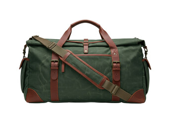 Isolated duffel bag, green canvas weekender bag with brown leather straps, no background
