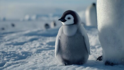 A fluffy penguin chick standing on the icy snow beside a larger penguin. Concept Penguin chick with adult penguin, Icy snow landscape, Wildlife photography, Close-up penguin portrait
