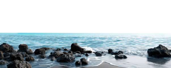 black stones at blue water tropical beach with sky isolated on white or transparent png