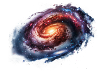 abstract colorful spiral galaxy with twisted bright core isolated on white or transparent png