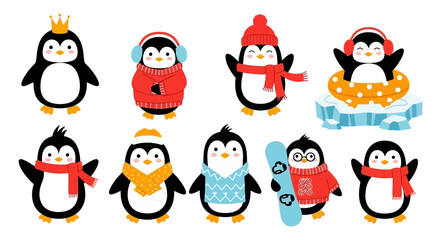 Playful Penguin Cartoon Character Collection for Winter and Holiday Fun