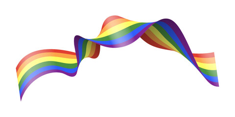 Rainbow pride ribbon with six vibrant colors. Wavy LGBTQ banner with dynamic flowing curves representing equality, diversity, love. Symbol of inclusivity. Realistic vector illustration.