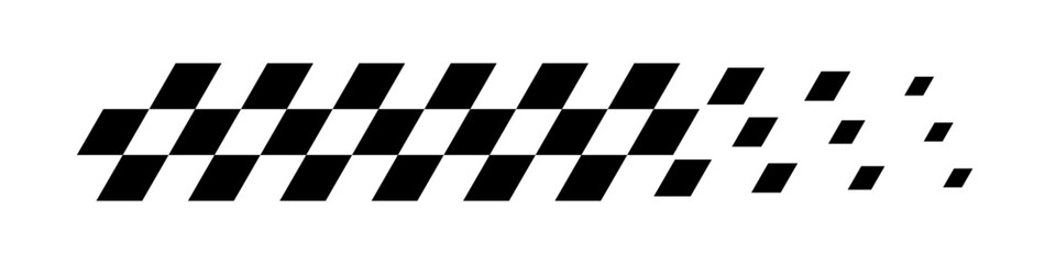 Racing flag background. Checkered flag pattern in motion with fading black squares. Dynamic speed symbol for motorsport, finish line, competition theme. Modern vector illustration.