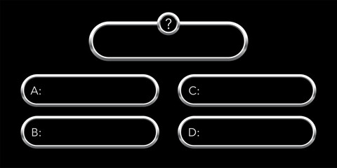 Quiz template. Trivia game layout. Question and answer silver frames for TV show or social media. Multiple choice test. Vector illustration isolated on black background.