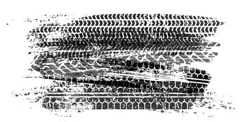 Tire tracks with grunge texture and dirty skid marks. Offroad vehicle print overlapping in chaotic pattern. Black automotive imprint on white background. Realistic vector illustration. © backup16