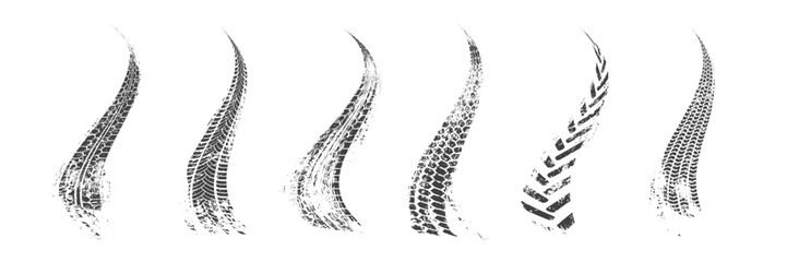 Tire track. Car, bike, motorcycle tyre mark with grunge effect isolated on white background. Wheel footprint on road. Top view of rubber protector mark. Realistic vector illustration. © backup16