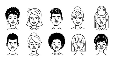 Diverse Collection of Smiling People Faces in Line Art Style for Inclusive Representation
