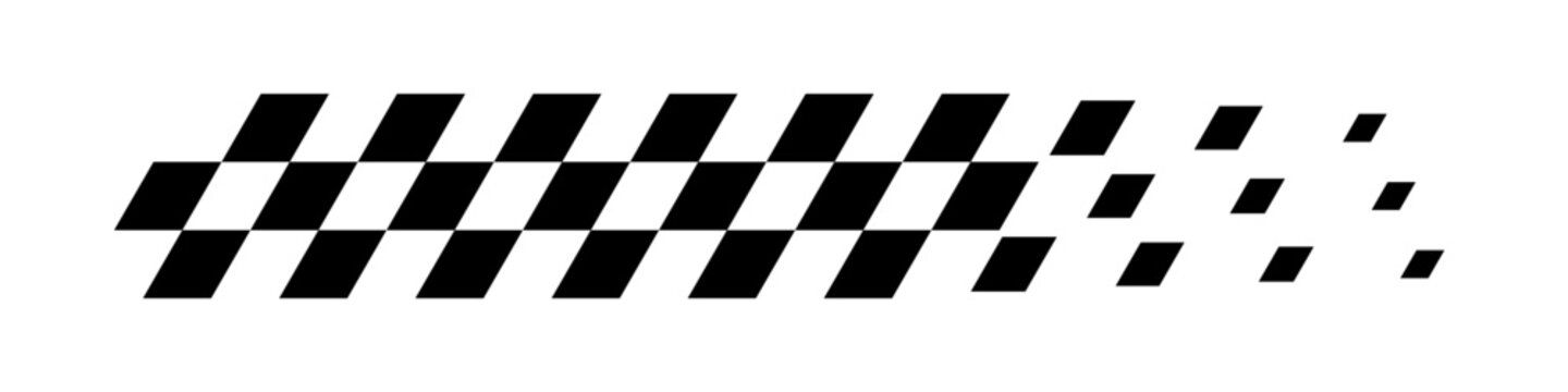 Racing flag background. Checkered flag pattern in motion with fading black squares. Dynamic speed symbol for motorsport, finish line, competition theme. Modern vector illustration.