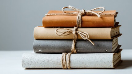 Vintage leather-bound journals stacked neatly with twine on gray background for creative and artistic concepts