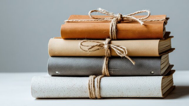 Vintage leather-bound journals stacked neatly with twine on gray background for creative and artistic concepts - Powered by Adobe
