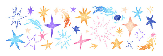 Doodle set of shooting stars and meteors. Chalk scribbles of sparks in the space. Drawing comets, sparkles in grunge style. Kids wall art. Hand drawn isolated vector illustrations on white background