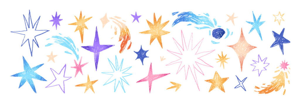 Doodle set of shooting stars and meteors. Chalk scribbles of sparks in the space. Drawing comets, sparkles in grunge style. Kids wall art. Hand drawn isolated vector illustrations on white background