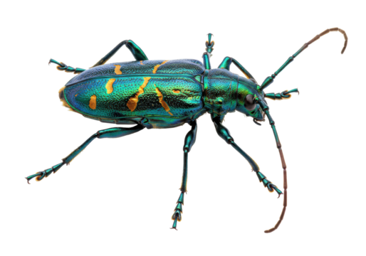 Isolated Metallic Green Longhorn Beetle, featuring vibrant iridescent colors and striking patterns