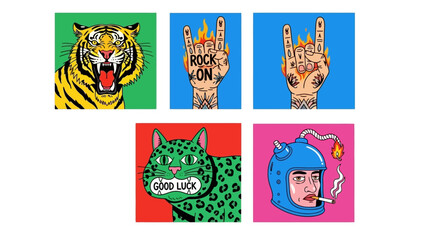 Collection of Vibrant Pop Art Style Illustrations with Animals and Expressionistic Elements