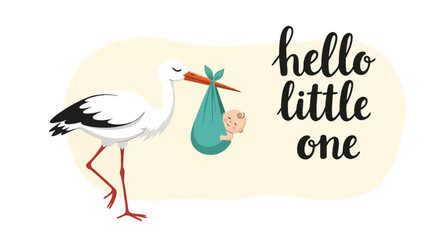 A stork carries a baby in a bundle with the words 'Hello Little One'
