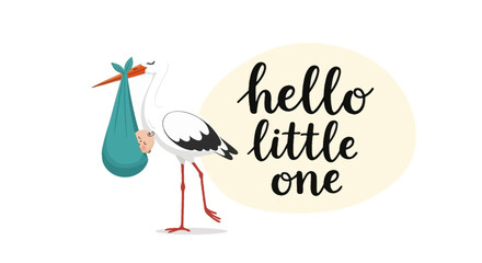 Stork Carrying Baby and Hello Little One Greeting for Baby Shower Invitation
