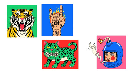 Colorful and Vibrant Pop Art Style Illustration of Animals and a Person with a Bomb
