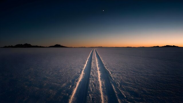 Two parallel snow tracks run across a frozen lake toward distant mountains at sunset. Concept Winter Landscape, Snow Tracks, Frozen Lake, Sunset Colors, Mountain Range