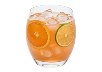 Isolated citrus cocktail with ice cubes and slices of orange and lime in a glass cup drink