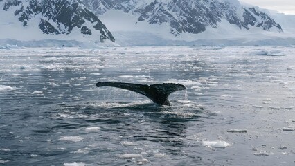 Naklejka premium Whale tail fluke rising from icy Antarctic waters, with floating ice and snow-covered mountains in the background. Concept Antarctic wildlife, Whale tail fluke, Ice floes, Snowy polar mountains