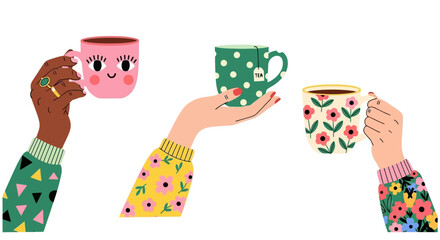 Colorful Hand Drawn Hands Holding Decorative Cups with Floral Pattern