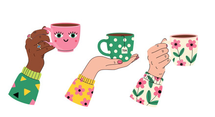 Illustration of Diverse Hands Holding Tea Cups with Floral Designs and Polka Dots