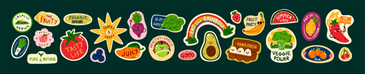 Fruit stickers set. Cute designs of labels for organic and natural farm food. Different logos and tags on healthy vegetables: veggies, eggs, bananas, apples. Flat isolated vector illustrations