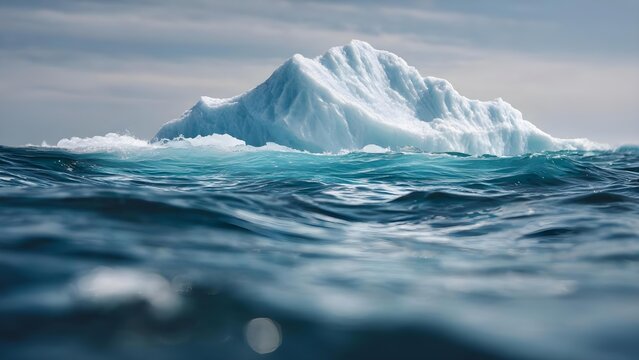 A large iceberg floating in the ocean, with jagged blue ice rising above the dark, choppy sea. Concept Arctic landscape, Iceberg photography, Jagged blue ice, Dark choppy sea, Dramatic seascape