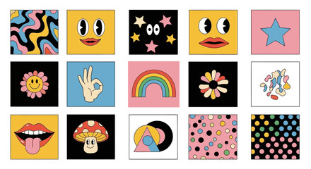 Retro Nostalgia Funky Square Pattern Design with Playful Icons