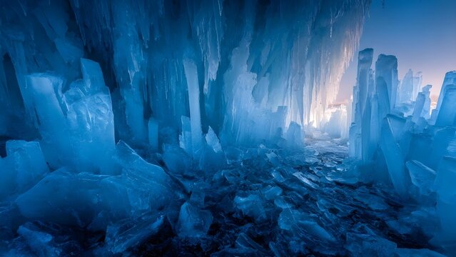 Blue ice cave with towering ice pillars, hanging icicles, and a jagged icy floor. Concept Blue ice cave with towering ice pillars, Hanging icicles and translucent ice