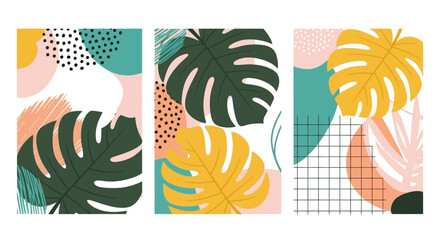 Abstract Tropical Illustration with Monstera Leaves and Geometric Elements