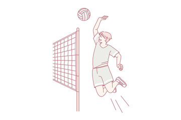 Young sporty man in sportswear play volleyball throw ball over net. Guy player engaged in game activity follow healthy lifestyle. Sport, athlete concept. Vector illustration, cartoon character.