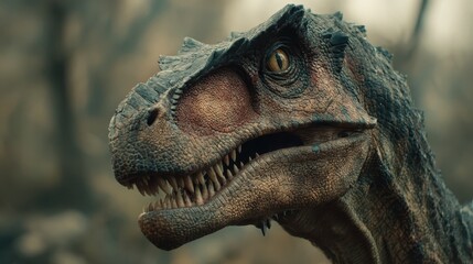Realistic dinosaur head in a prehistoric forest setting during daytime