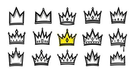 Doodle crown collection Royalty sketch icon set for branding and regal graphic design elements