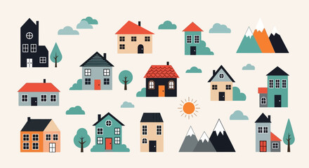 Colorful Village Illustration with Homes, Clouds, and Mountains
