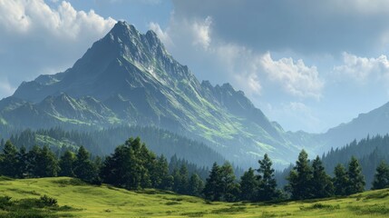Naklejka premium Majestic mountain landscape with lush green hills and towering peaks under a bright blue sky in the morning