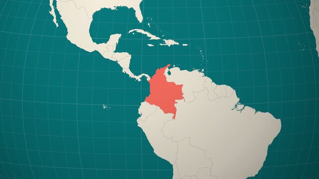 Colombia map. Animated zoom into the country on the Globe in Teal Pale Mint color palette. Country logo animation. Map with meridians, parallels. Creative video.