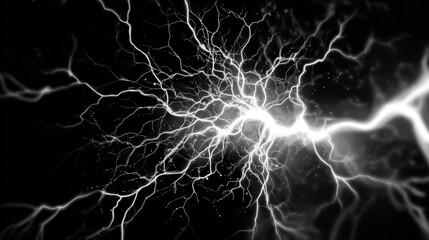 Bright flashes of lightning dance across a dark sky during a powerful thunderstorm in the late evening